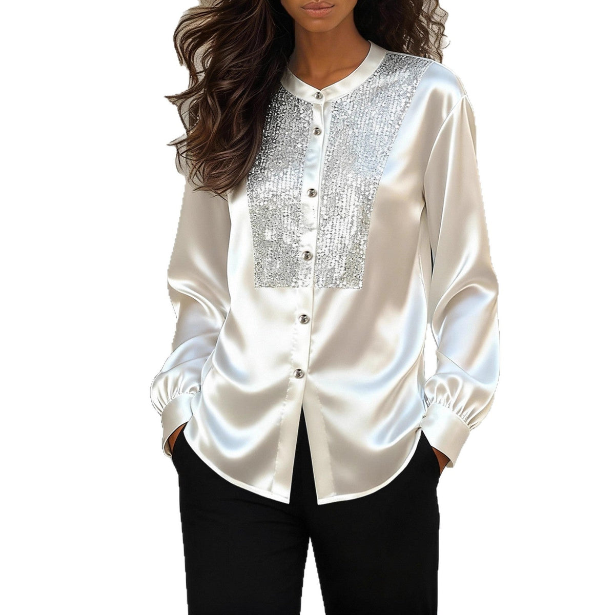 Women's Sequin Panel Button-Up Blouse Long Sleeve