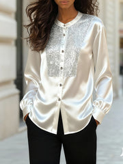 Women's Sequin Panel Button-Up Blouse Long Sleeve