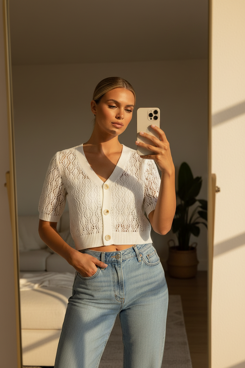 Cropped Crochet Knit Cardigan