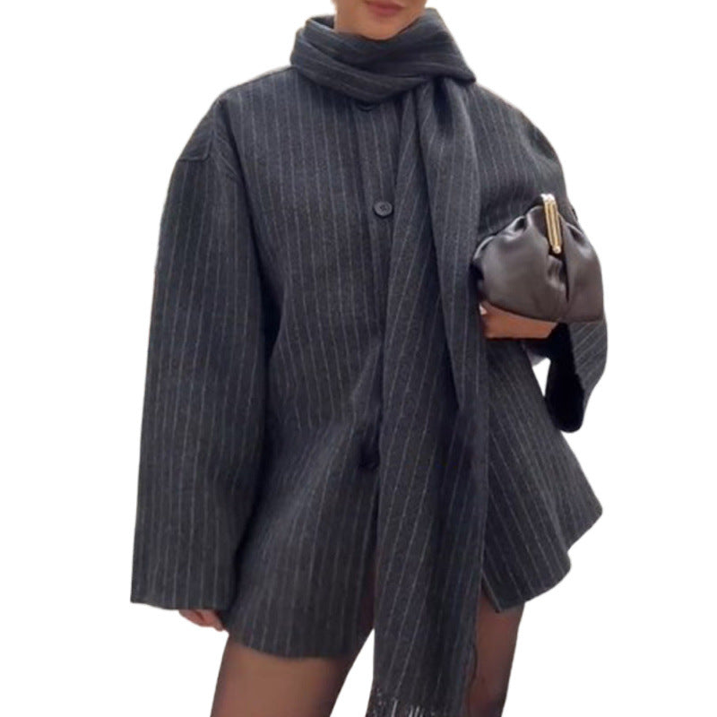 Women's Pinstripe Oversized Blazer with Fringe Detail