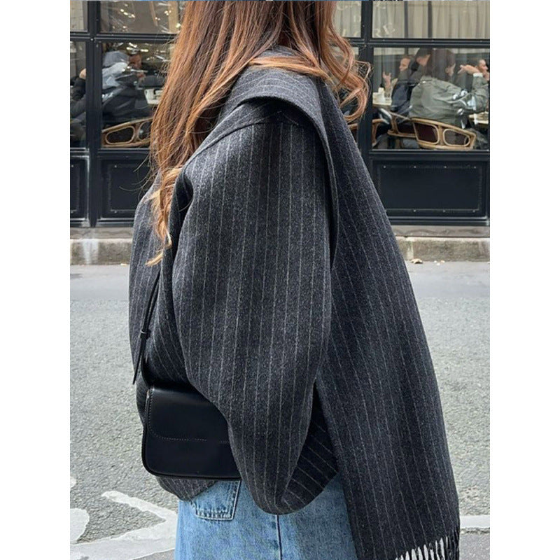 Women's Pinstripe Oversized Blazer with Fringe Detail