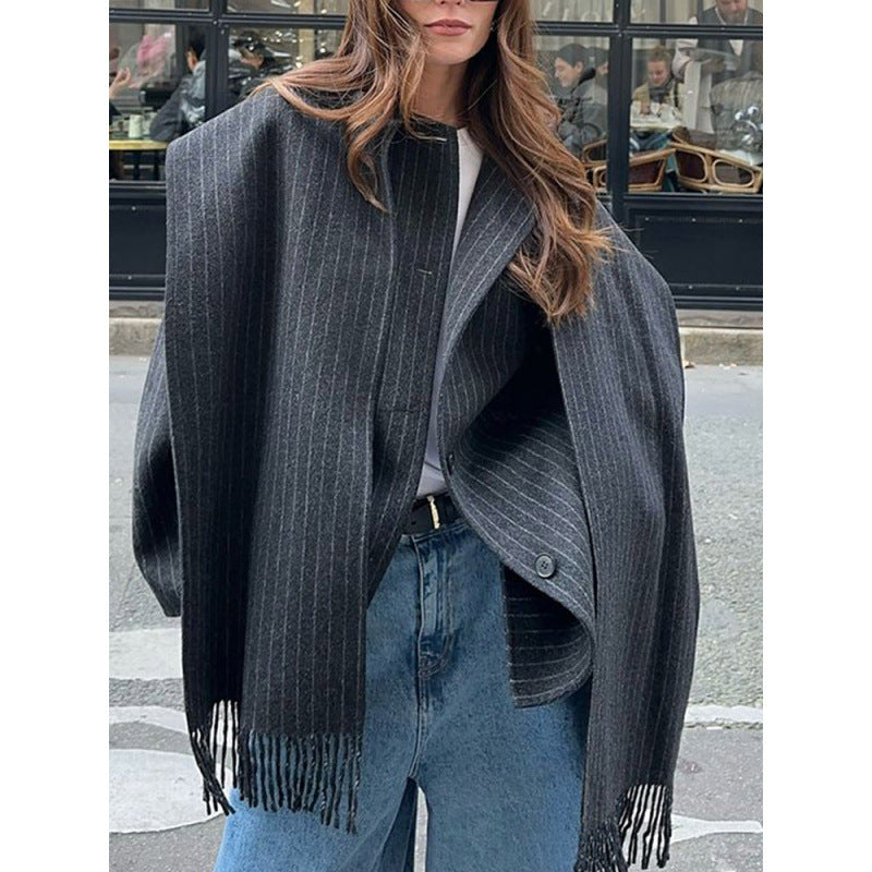 Women's Pinstripe Oversized Blazer with Fringe Detail