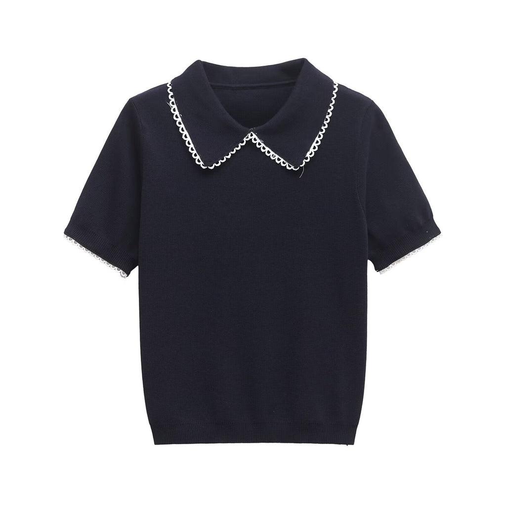 Contrast Collar Fitted Knit Top