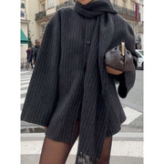 Women's Pinstripe Oversized Blazer with Fringe Detail