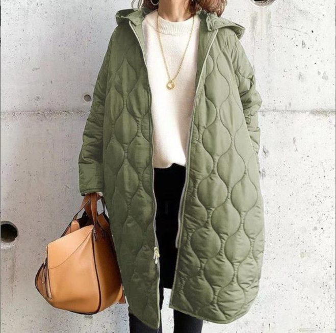 Oversized Hooded Quilted Coat with Curved Quilt Pattern