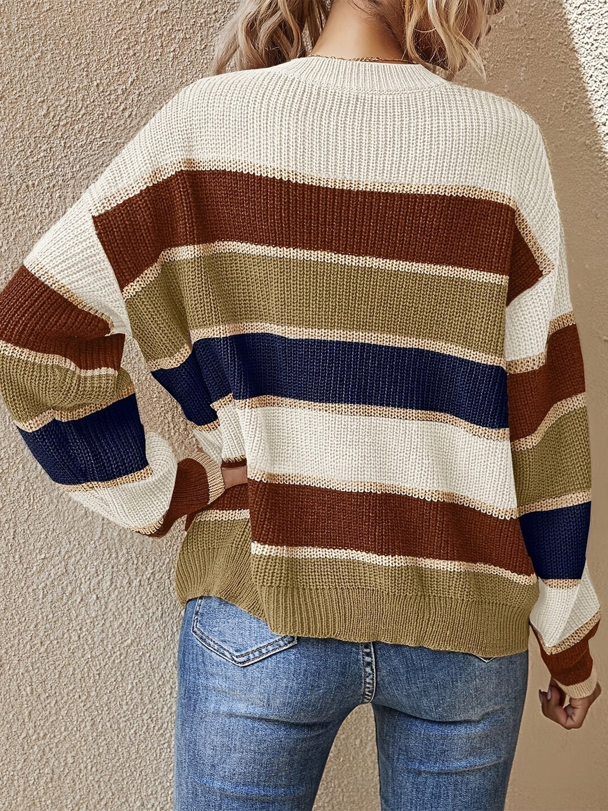 Oversized Striped Colour Block Knit Sweater with Crew Neck