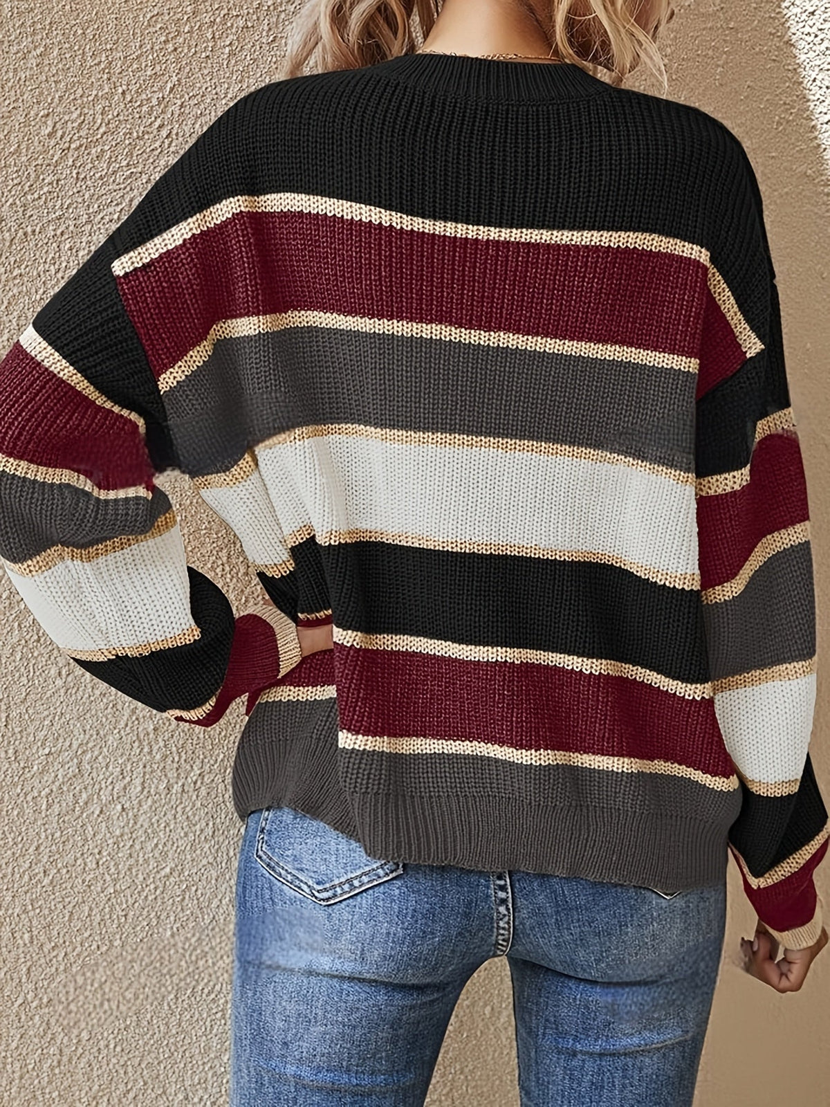Oversized Striped Colour Block Knit Sweater with Crew Neck