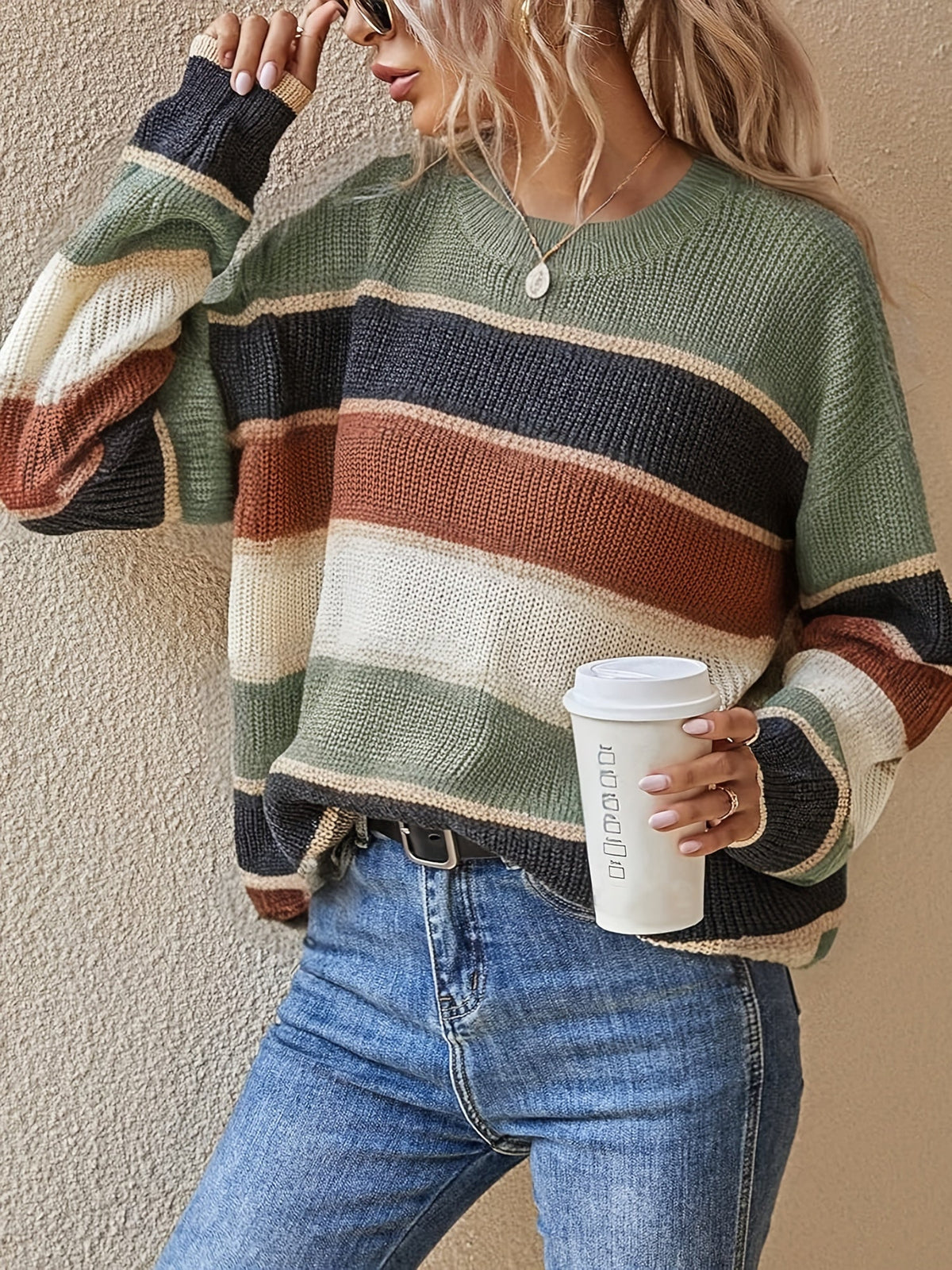 Oversized Striped Colour Block Knit Sweater with Crew Neck
