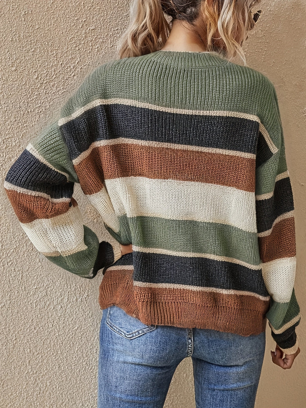 Oversized Striped Colour Block Knit Sweater with Crew Neck