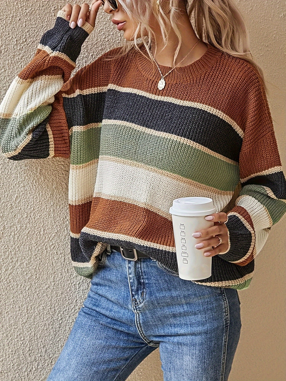 Oversized Striped Colour Block Knit Sweater with Crew Neck