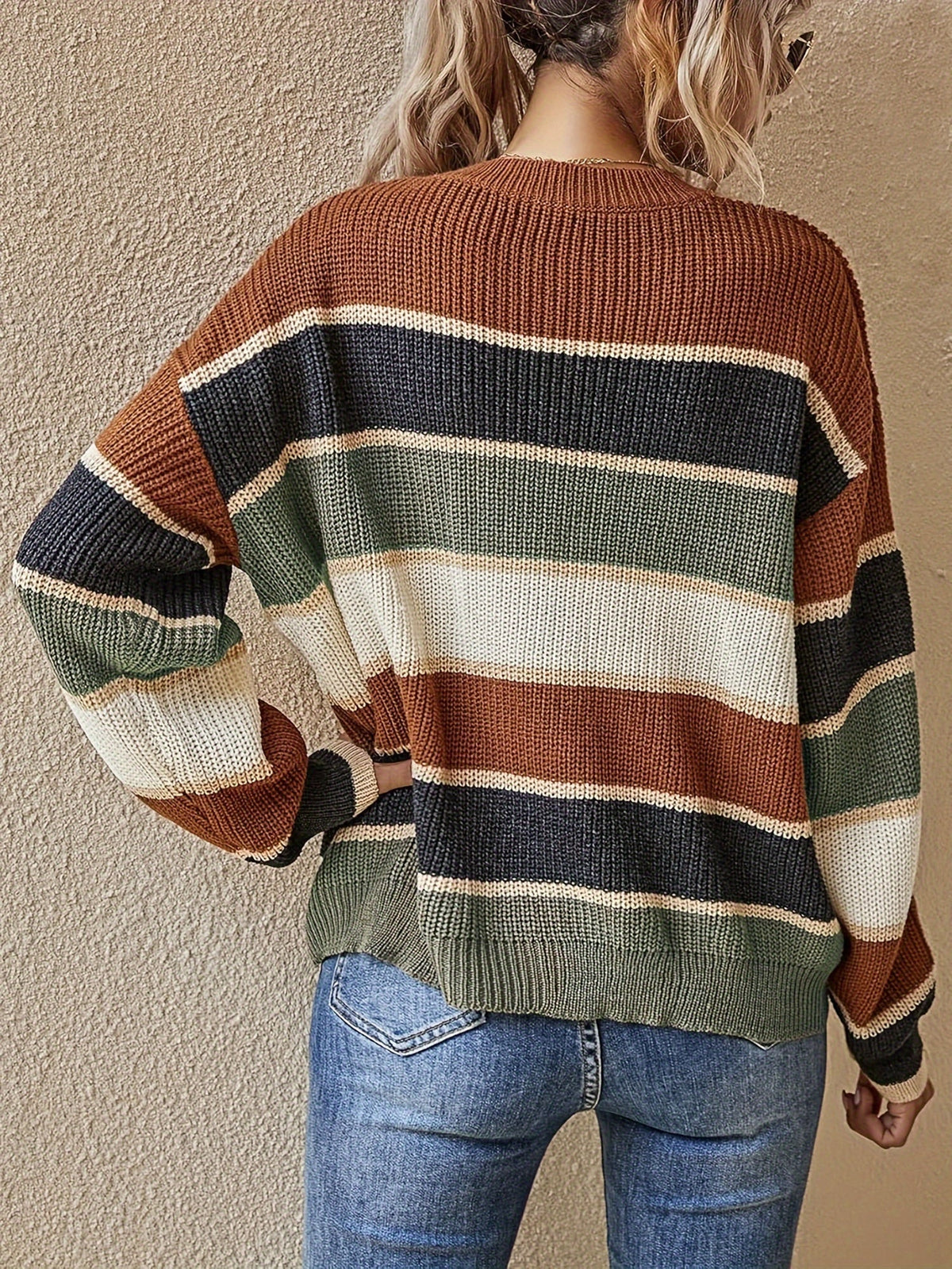 Oversized Striped Colour Block Knit Sweater with Crew Neck