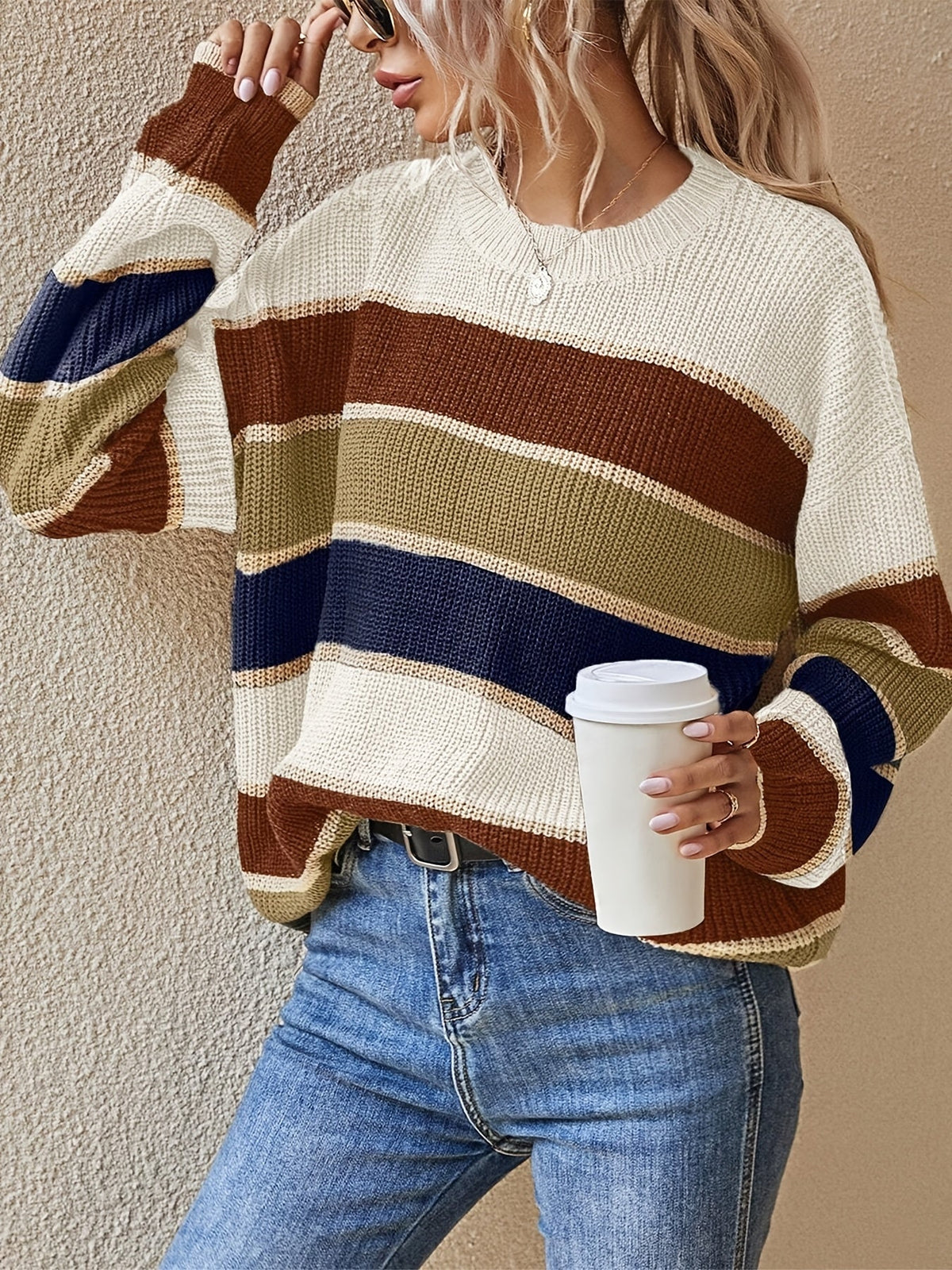 Oversized Striped Colour Block Knit Sweater with Crew Neck