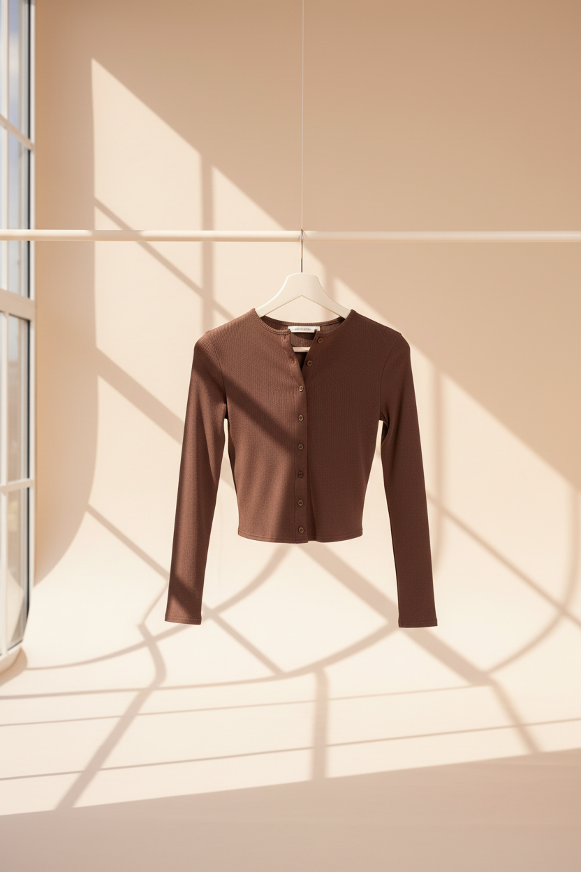 Rib Button Through Long Sleeve Top