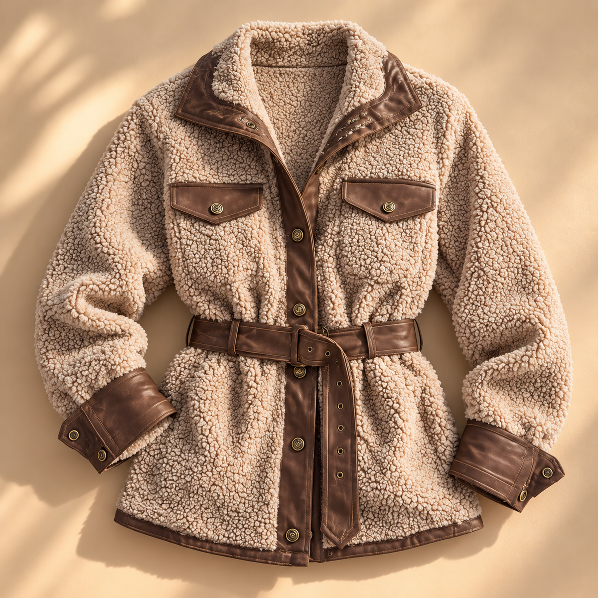 Plush Sherpa Jacket with Vegan Leather Belt and Contrast Trim