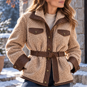 Plush Sherpa Jacket with Vegan Leather Belt and Contrast Trim