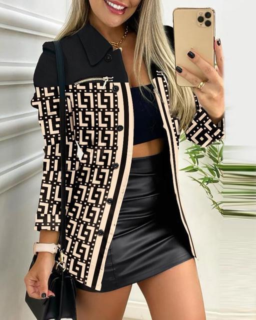 Printed Shacket with Contrast Collar and Zip Chest Pocket