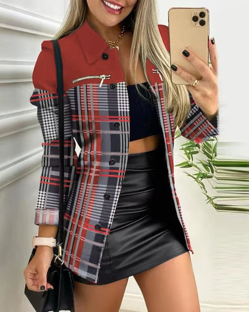 Printed Shacket with Contrast Collar and Zip Chest Pocket