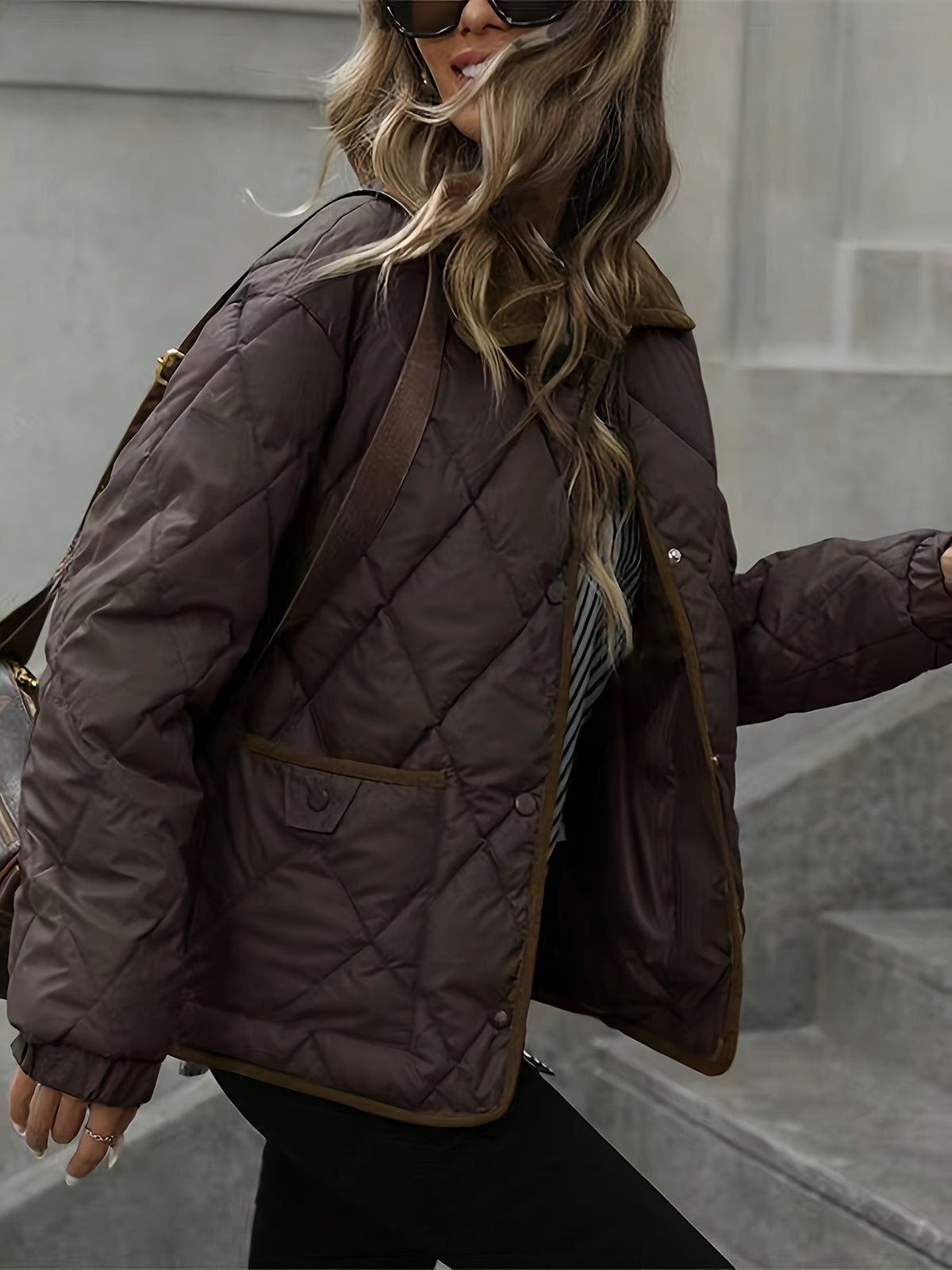 Quilted Jacket with Corduroy Collar and Contrast Trim