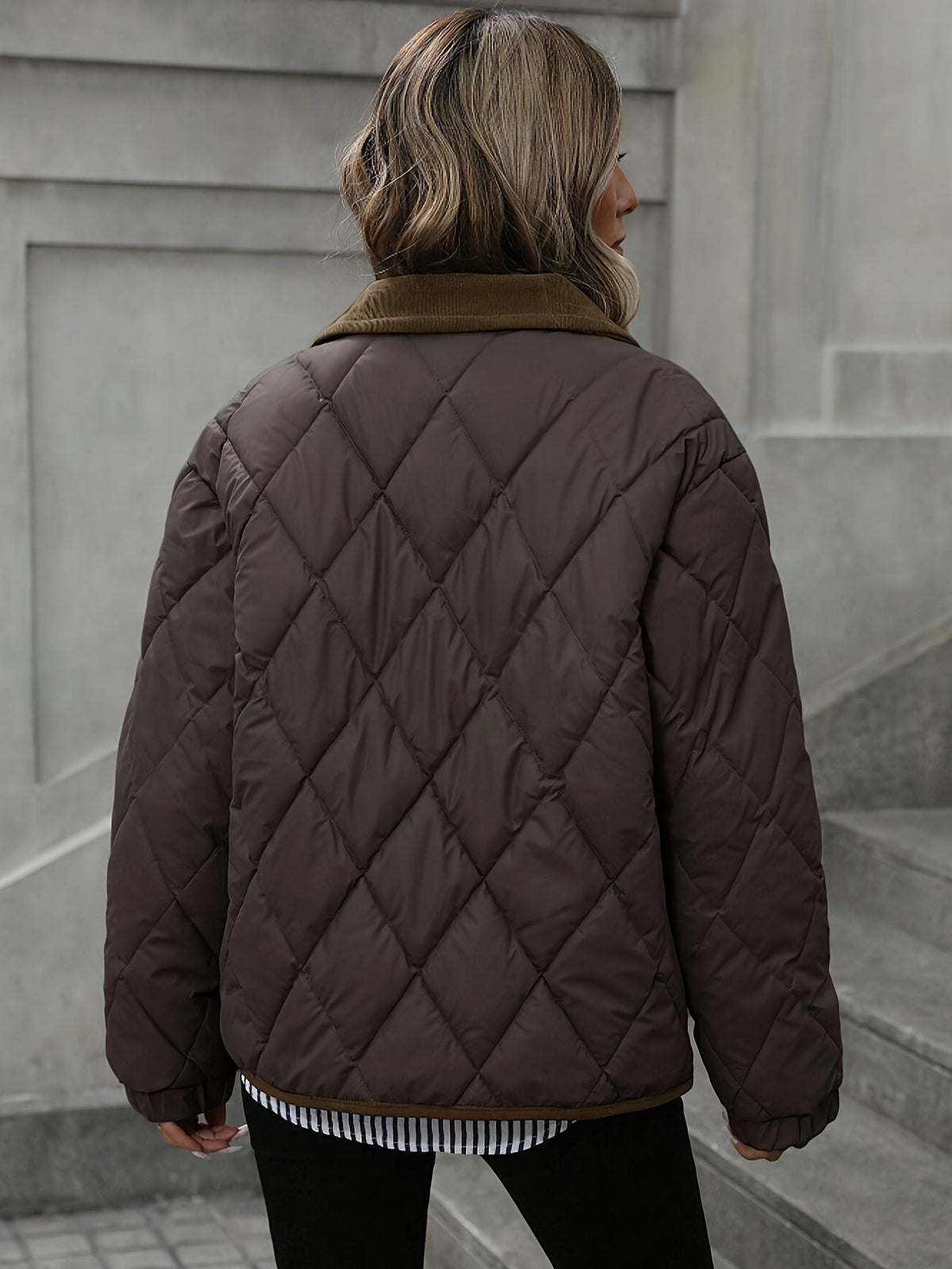 Quilted Jacket with Corduroy Collar and Contrast Trim