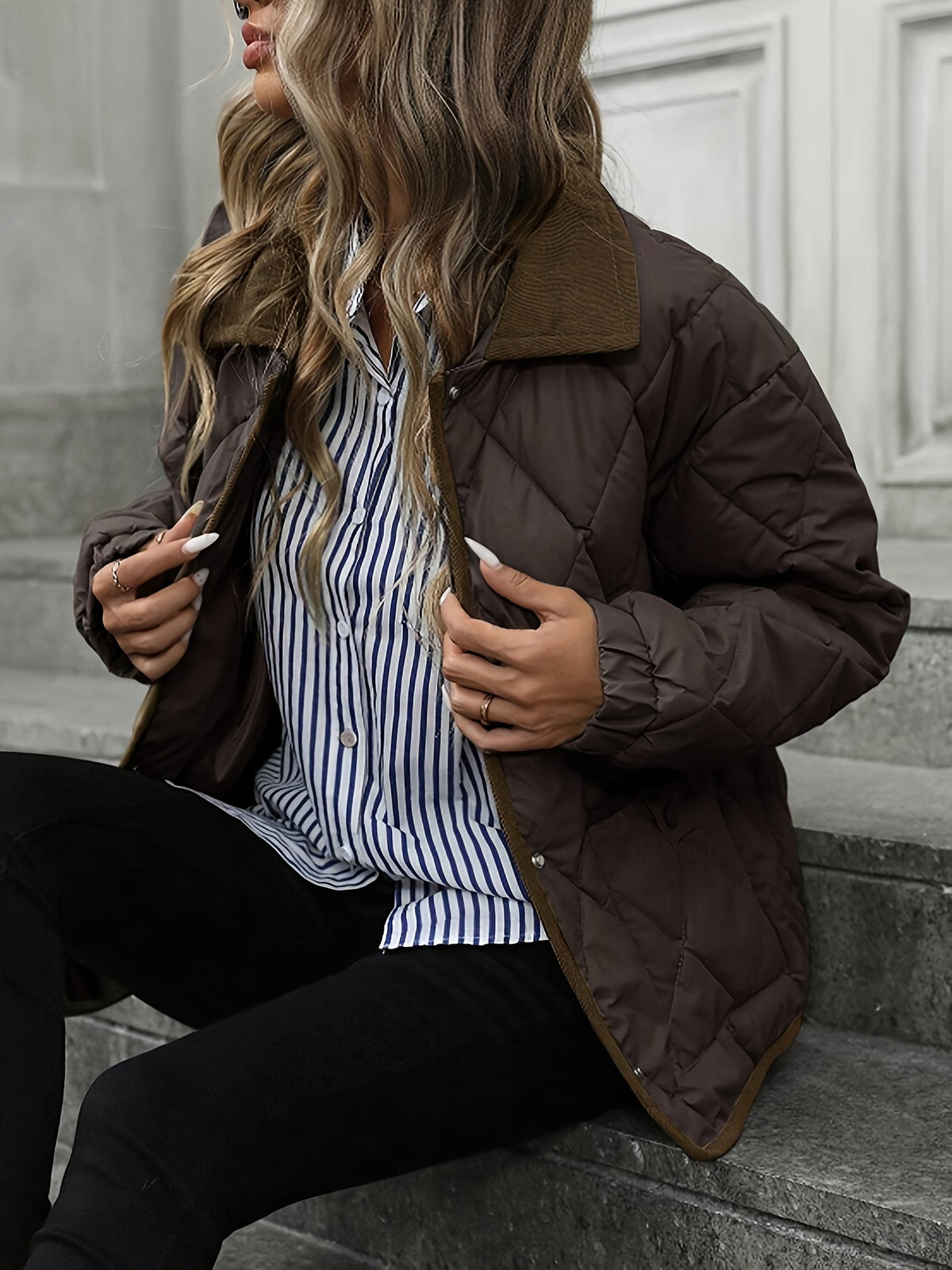 Quilted Jacket with Corduroy Collar and Contrast Trim