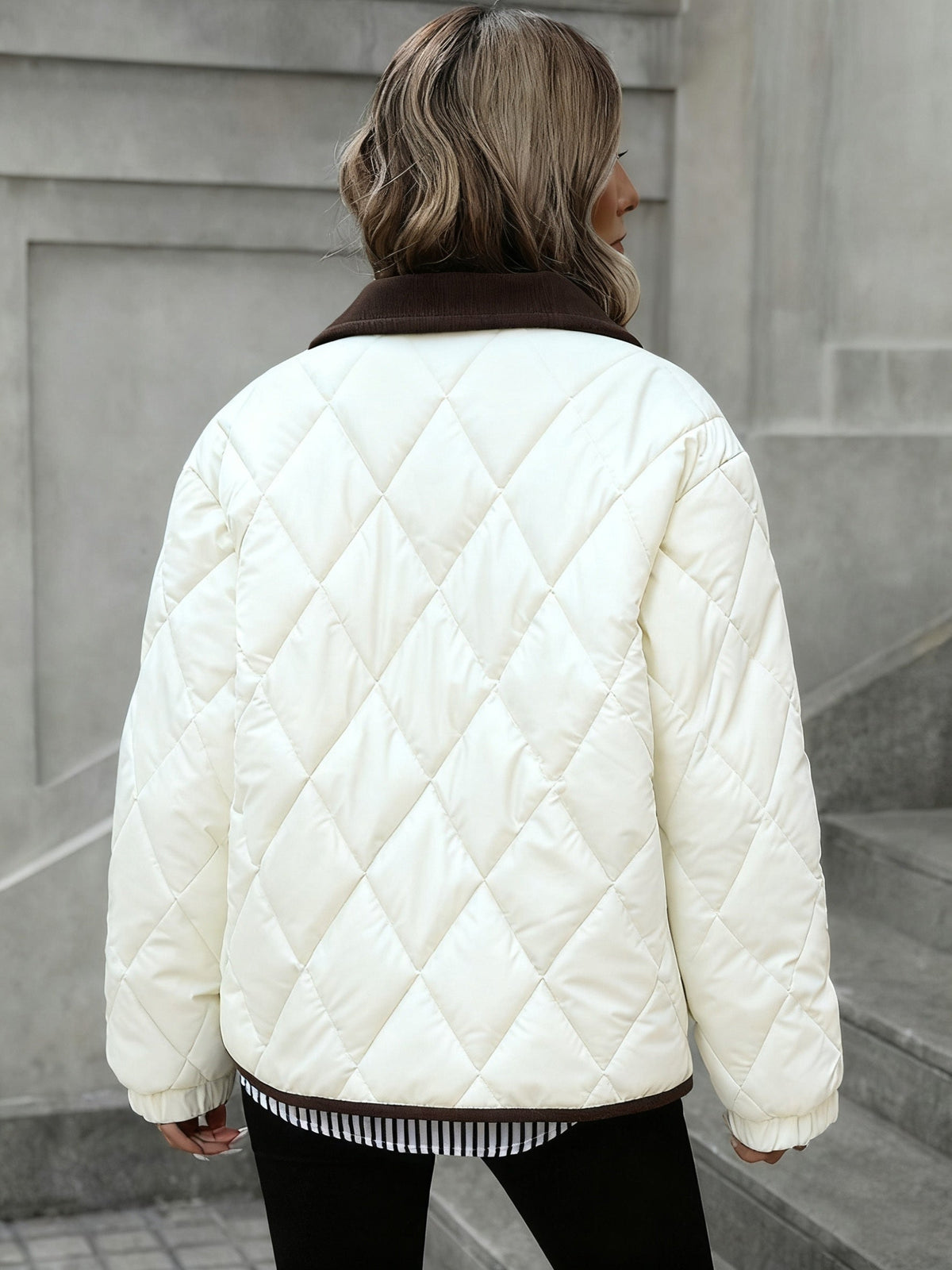 Quilted Jacket with Corduroy Collar and Contrast Trim