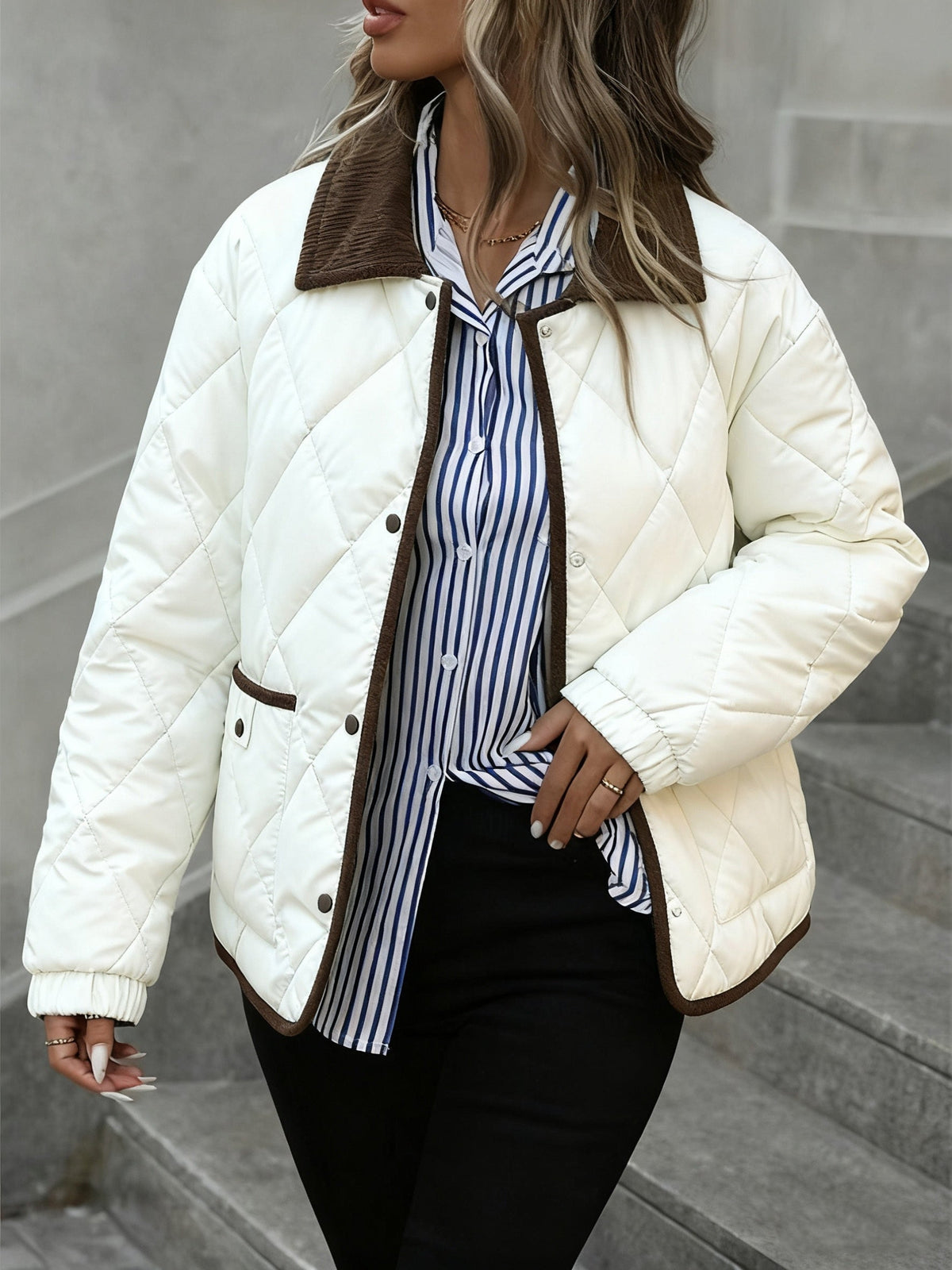 Quilted Jacket with Corduroy Collar and Contrast Trim