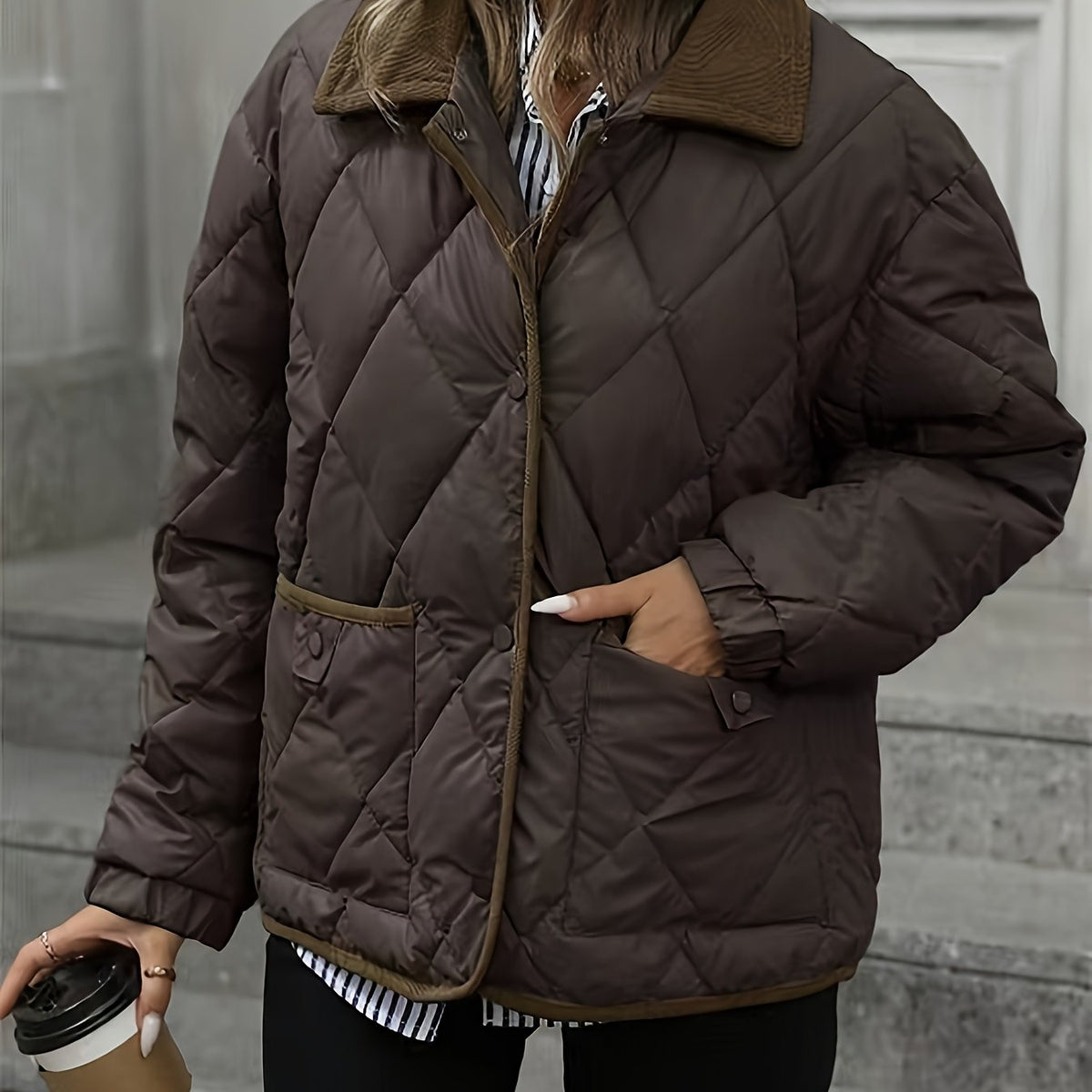Quilted Jacket with Corduroy Collar and Contrast Trim