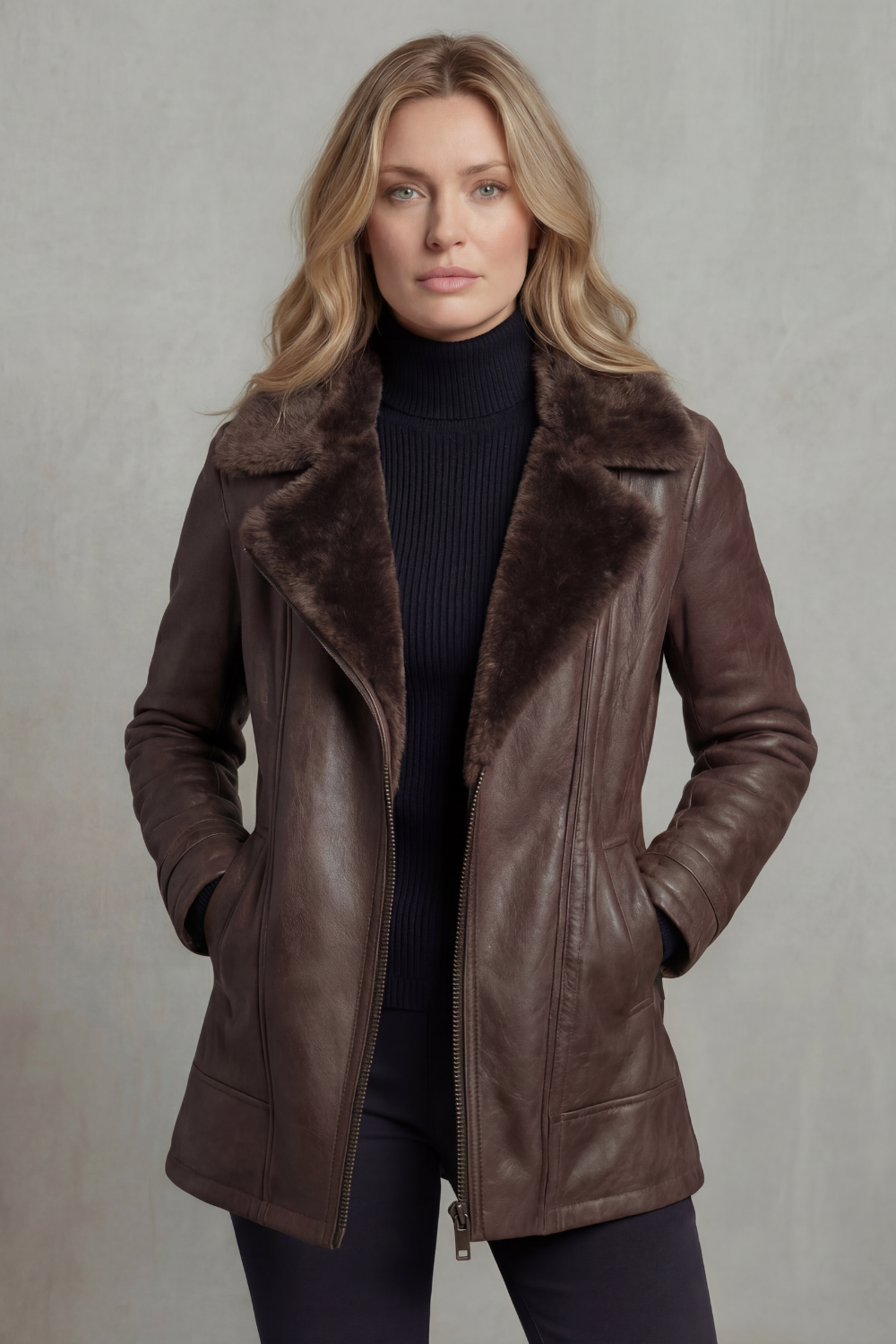 Faux Leather Shearling Collar Jacket