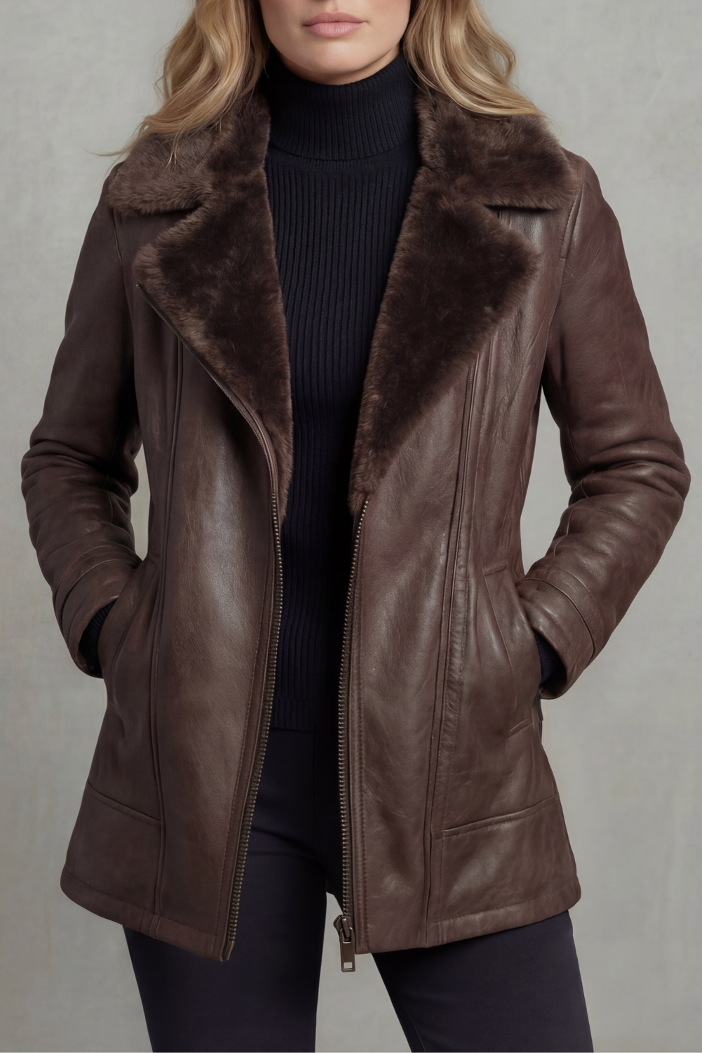 Faux Leather Shearling Collar Jacket