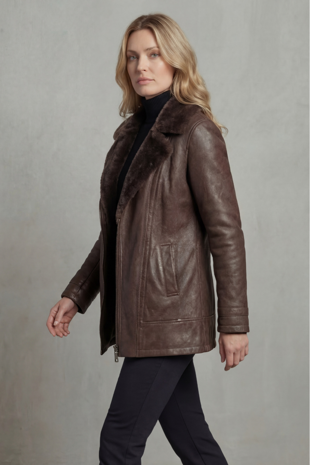 Faux Leather Shearling Collar Jacket