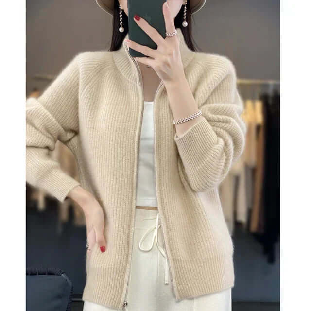 Relaxed Knit Cardigan with Stand Collar and Full Zip