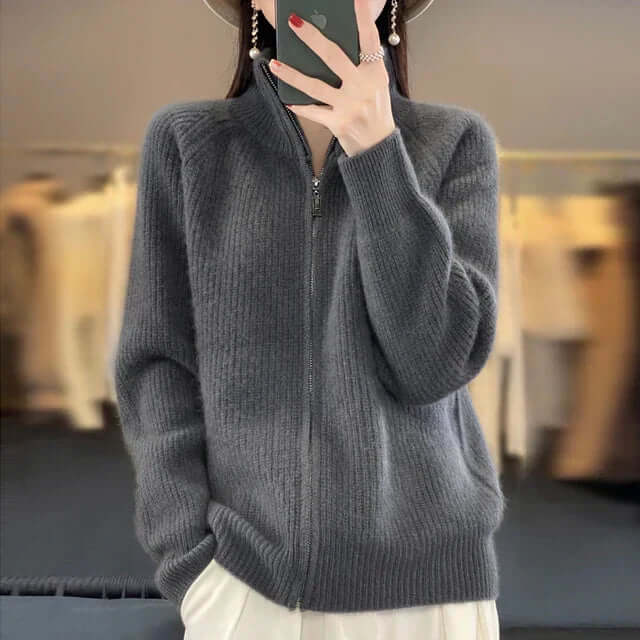 Relaxed Knit Cardigan with Stand Collar and Full Zip