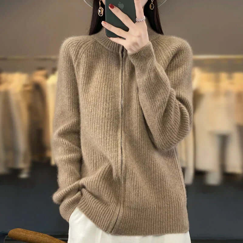 Relaxed Knit Cardigan with Stand Collar and Full Zip
