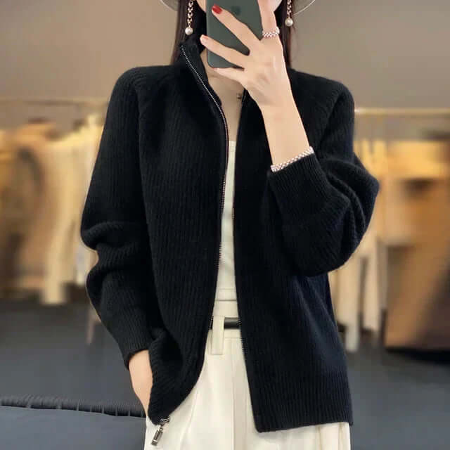 Relaxed Knit Cardigan with Stand Collar and Full Zip