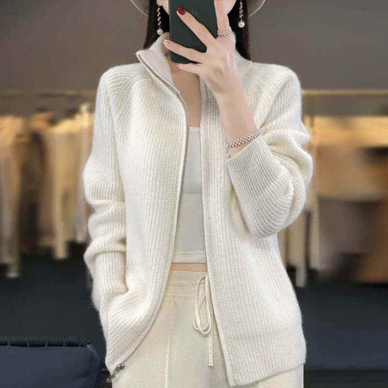 Relaxed Knit Cardigan with Stand Collar and Full Zip