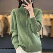 Relaxed Knit Cardigan with Stand Collar and Full Zip
