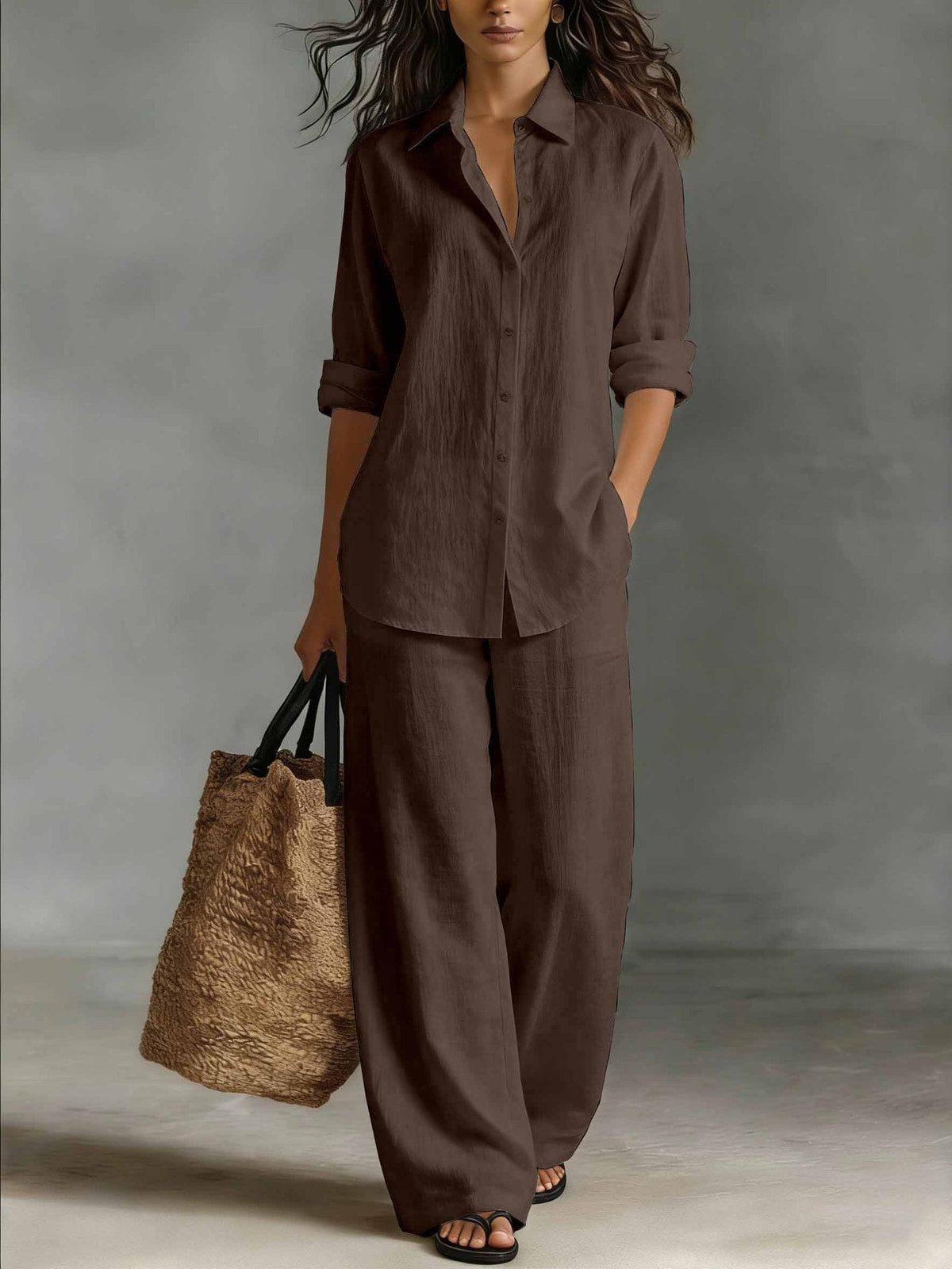 Button Up Wide Leg Trouser Set