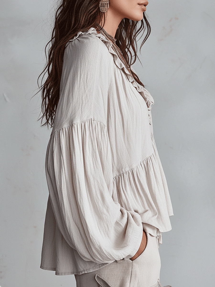 Ruffle V-Neck Tiered Blouse