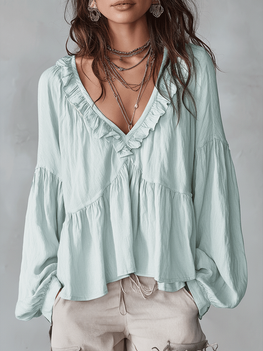 Ruffle V-Neck Tiered Blouse