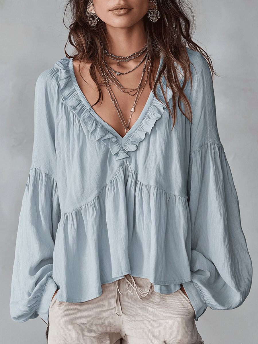 Ruffle V-Neck Tiered Blouse