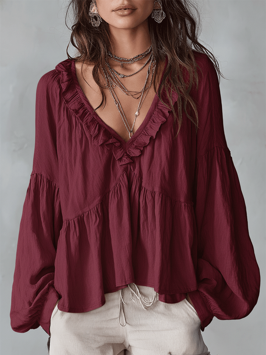Ruffle V-Neck Tiered Blouse
