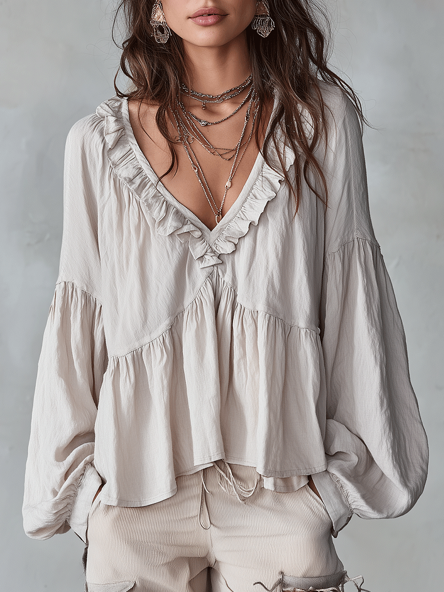 Ruffle V-Neck Tiered Blouse