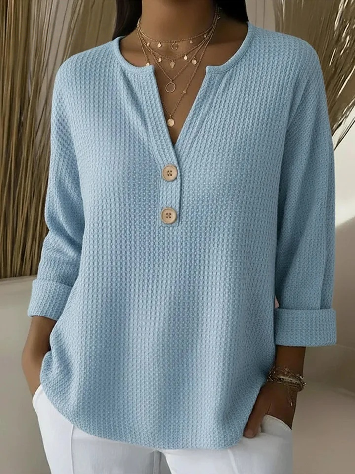 Relaxed Waffle Knit Henley Top with Three-Quarter Sleeves