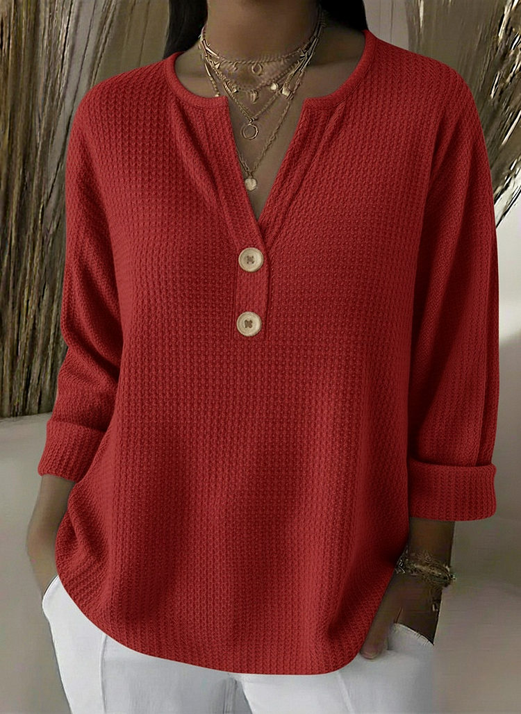 Relaxed Waffle Knit Henley Top with Three-Quarter Sleeves