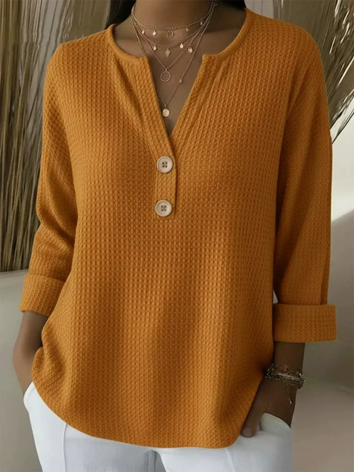Relaxed Waffle Knit Henley Top with Three-Quarter Sleeves
