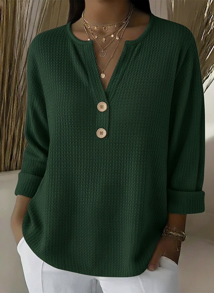 Relaxed Waffle Knit Henley Top with Three-Quarter Sleeves
