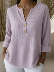 Relaxed Waffle Knit Henley Top with Three-Quarter Sleeves