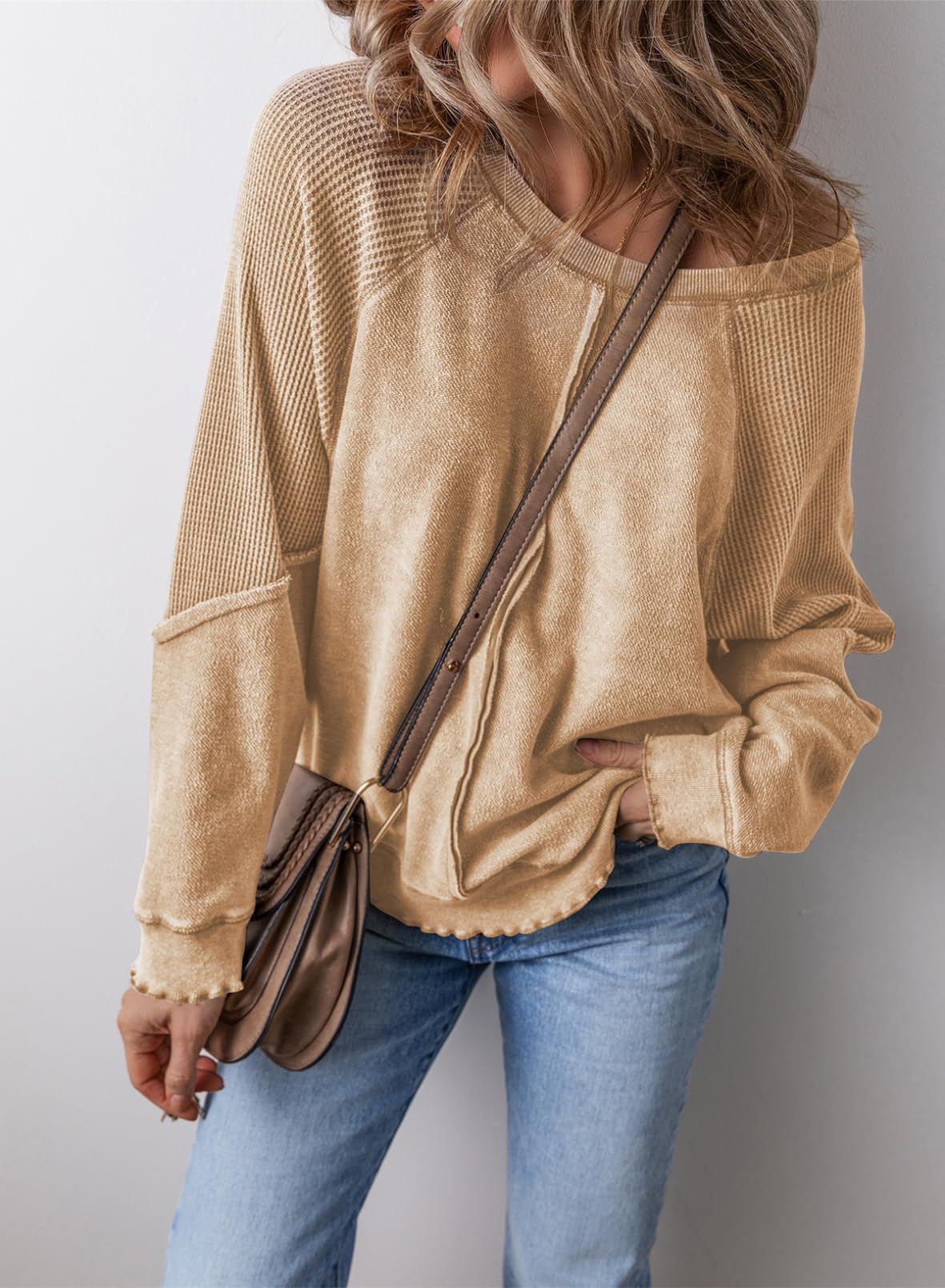 Relaxed Waffle Knit Sweatshirt with Lettuce Hem and Front Pocket