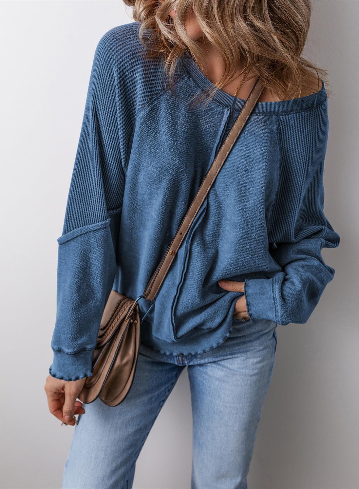Relaxed Waffle Knit Sweatshirt with Lettuce Hem and Front Pocket