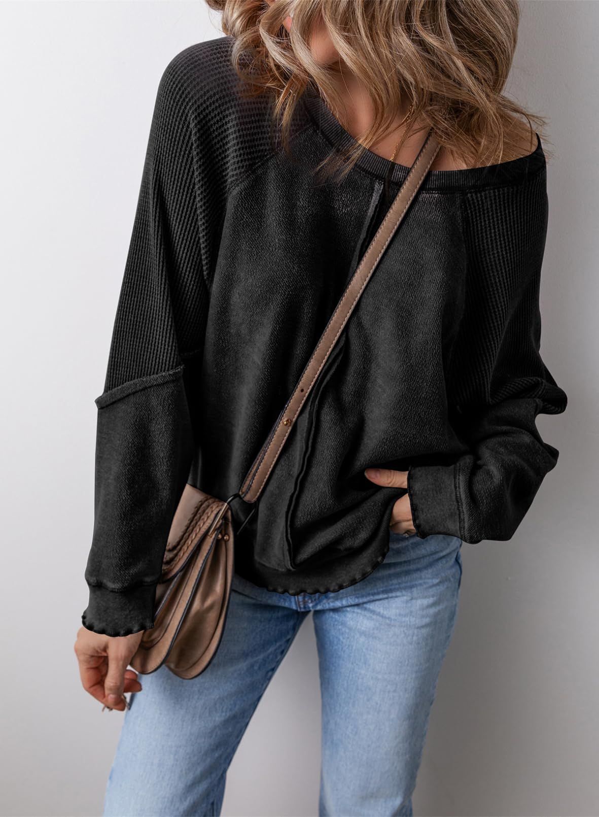 Relaxed Waffle Knit Sweatshirt with Lettuce Hem and Front Pocket